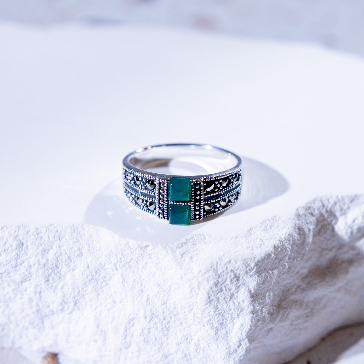 Verdant Crest 2-Stone Green Agate Ring