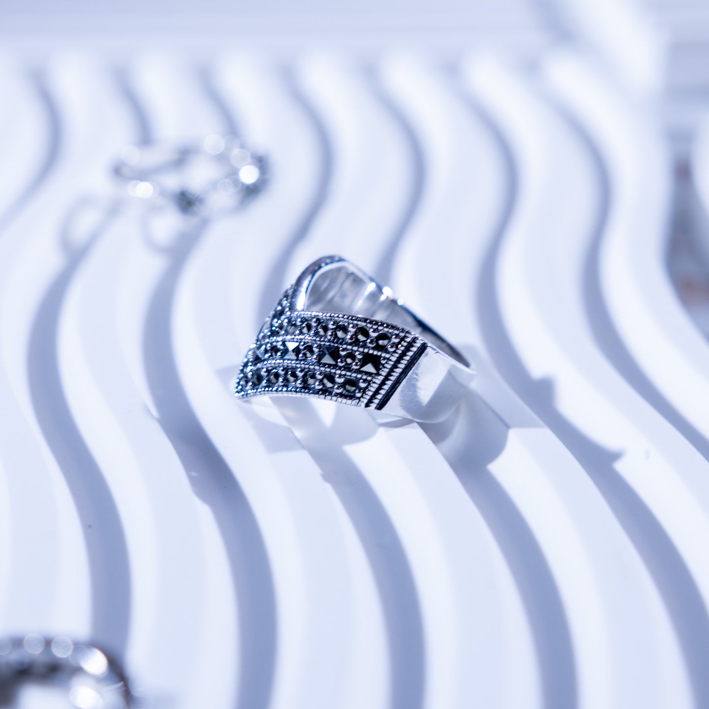 Cresta Silver V-Shape Marcasite Ring