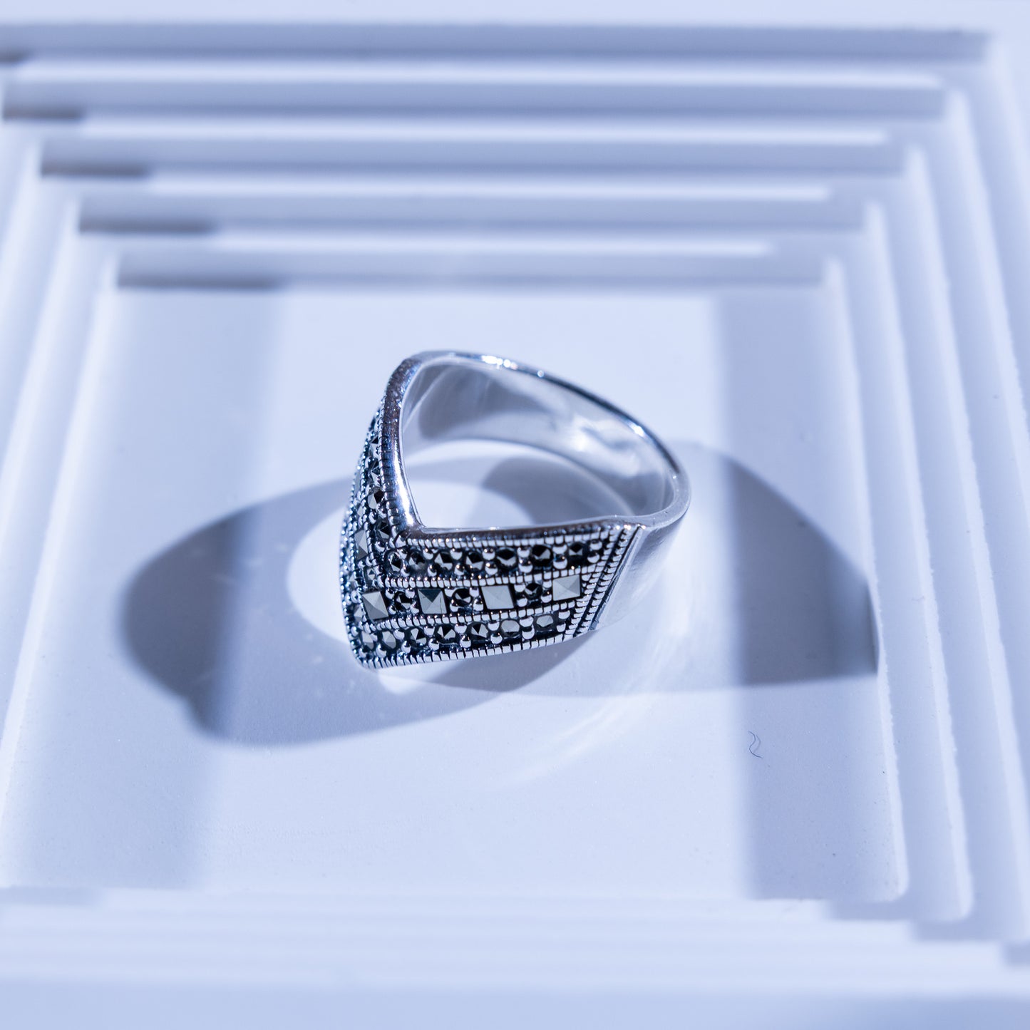 Cresta Silver V-Shape Marcasite Ring