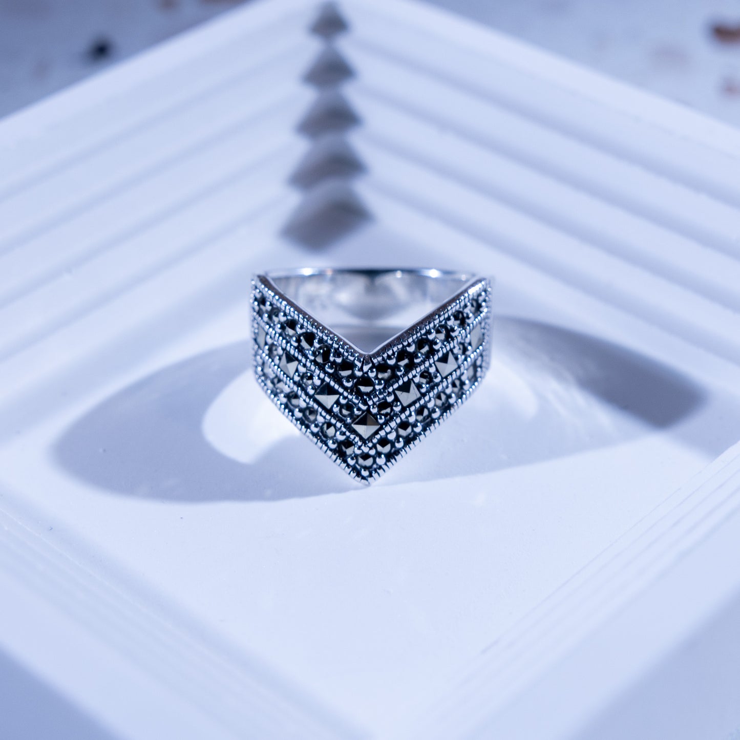 Cresta Silver V-Shape Marcasite Ring